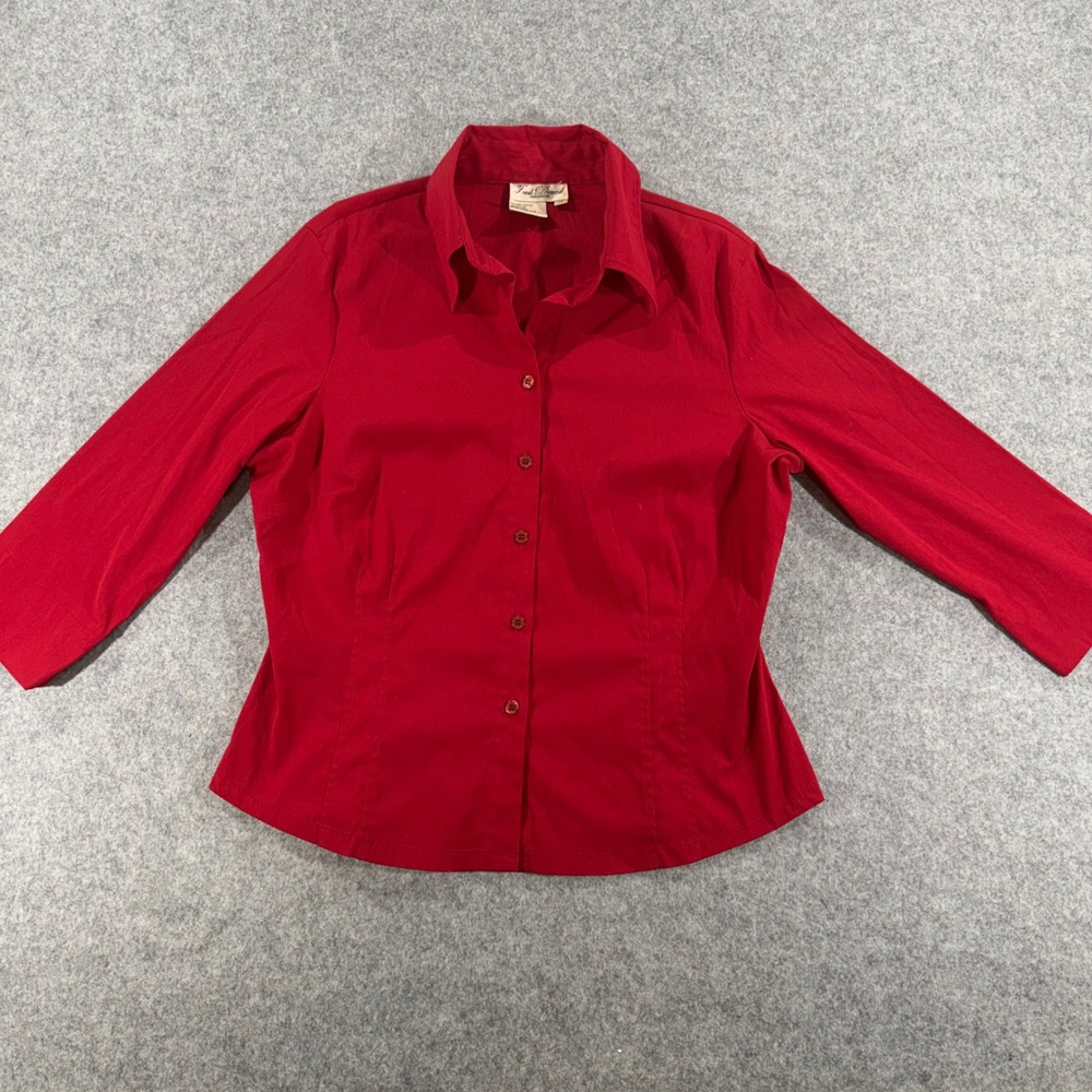 Fred David Stretch Red Button Down Blouse 3/4 Sleeve Collared Shirt Womens M